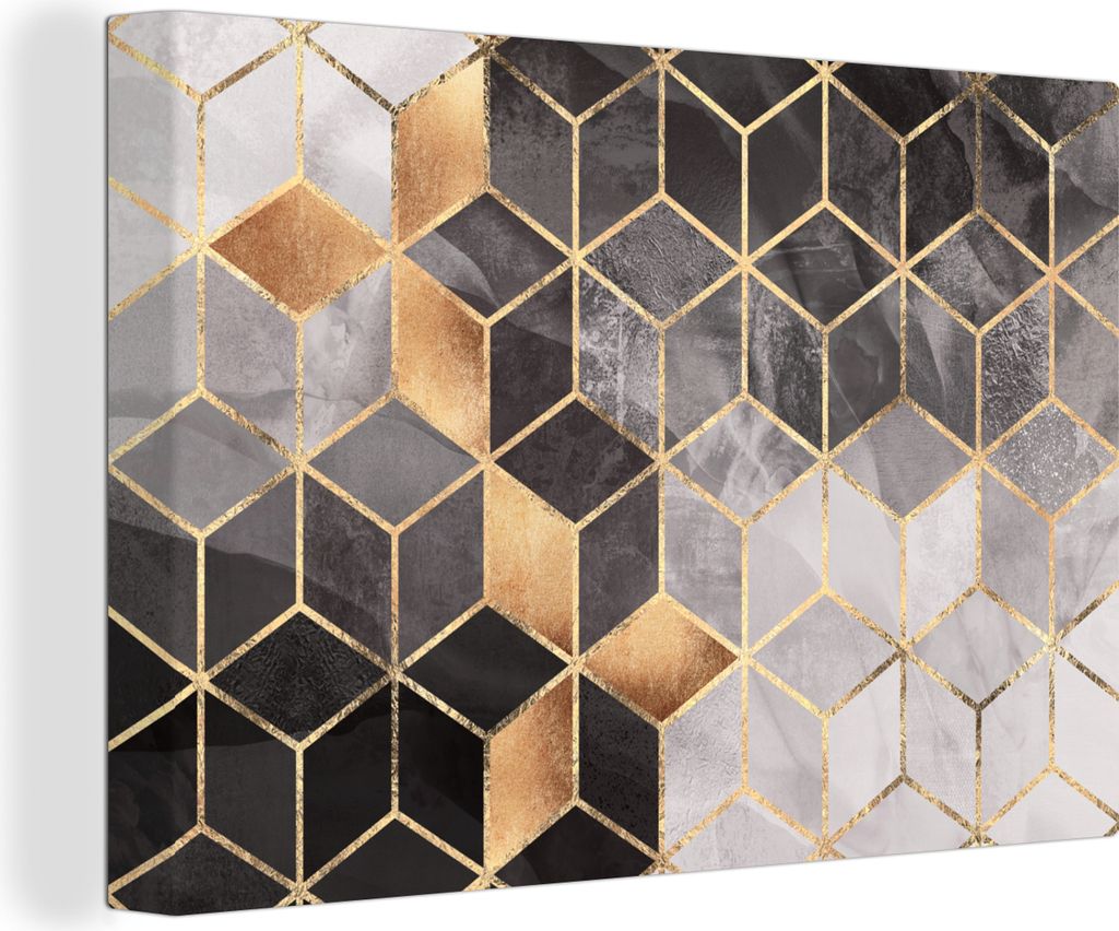 OneMillionCanvasses - Leinwandbilder - 140x90 cm, Abstrakt - Würfel - Gold - Muster - Schwarz - Weiß, Wandbilder Kunstdruck Wanddekoration - Fo...