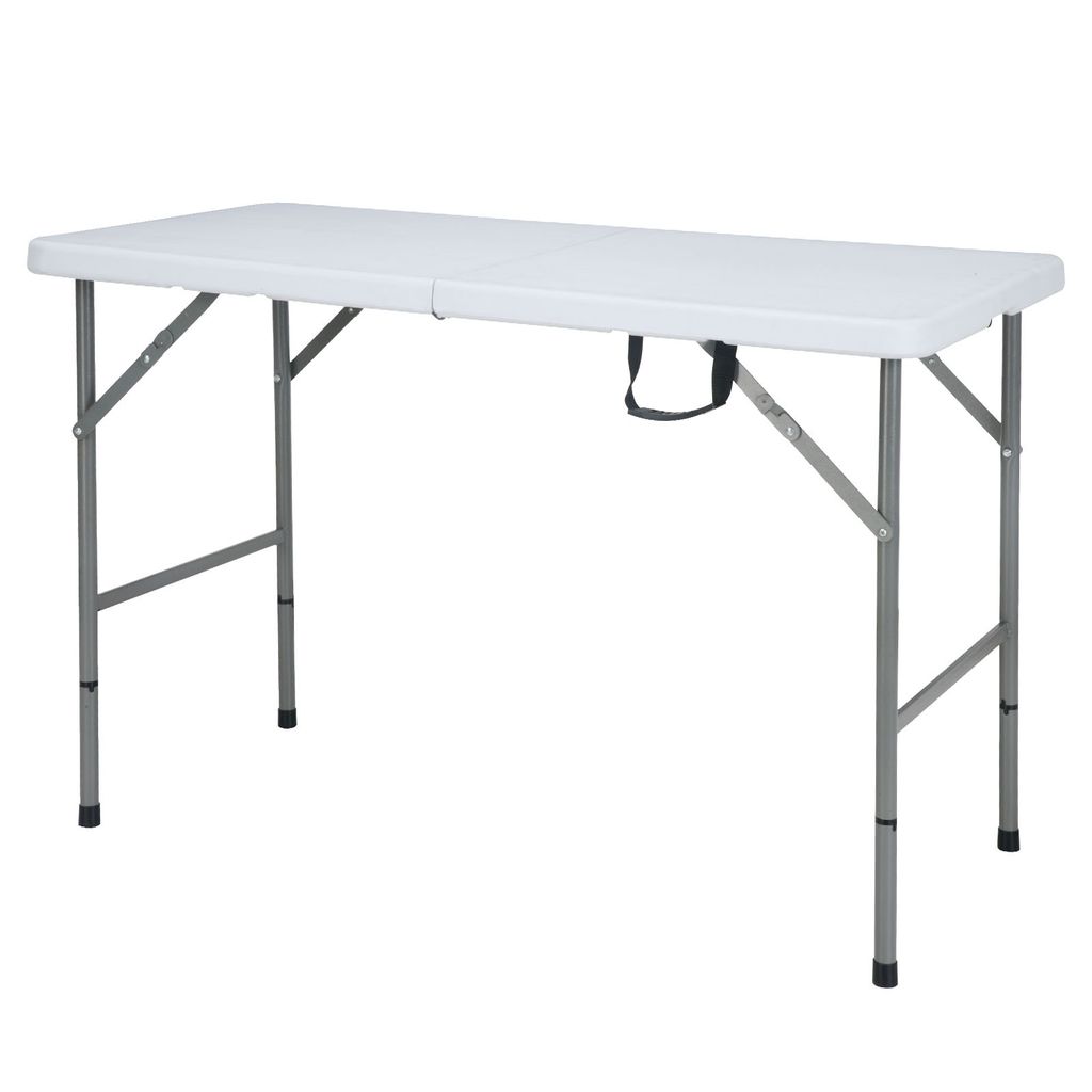 A white folding table with gray metal legs against a white background.
