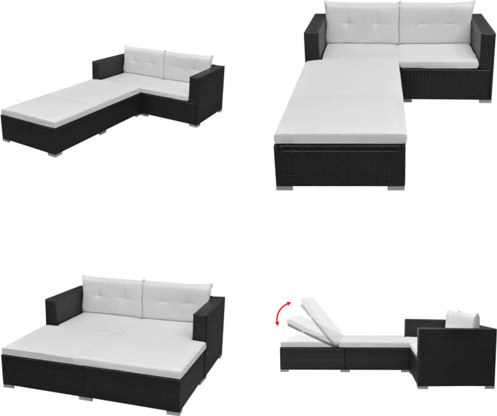 vidaXL 3 tlg. Garten Lounge Set mit Auflagen Poly Rattan Schwarz - Gartenmöbel-Set - Gartenmöbel-Sets - Gartensofa - Gartensofas