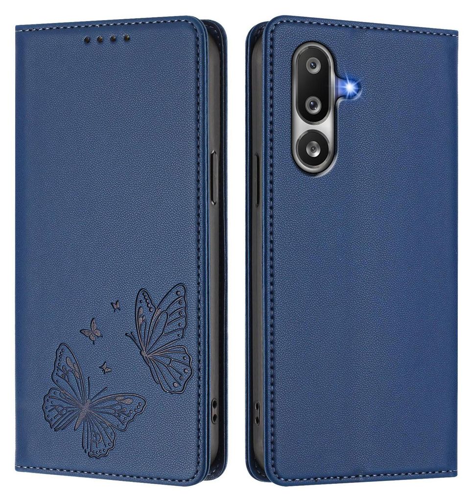 Lederhülle für Samsung Galaxy M36, Schmetterling Prägung Leder Brieftasche Schutzhülle mit Ständer Dunkelblau