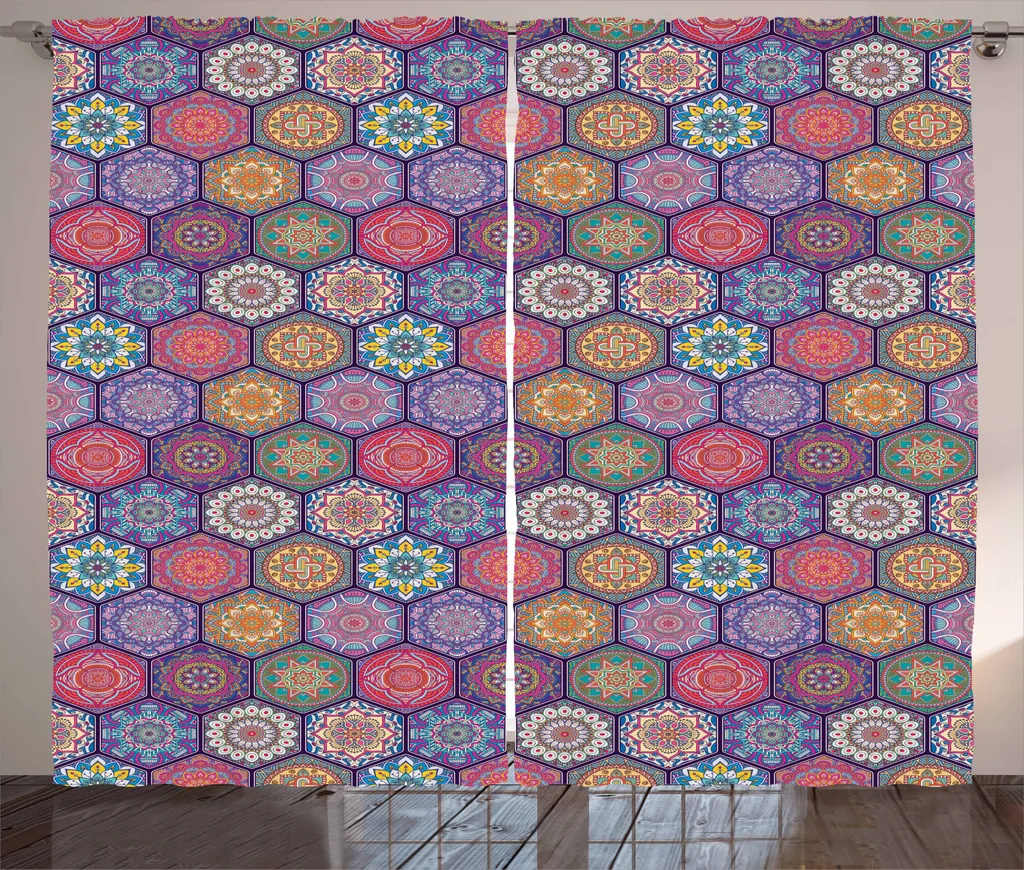 ABAKUHAUS Bohémien Tenda a Pannello Set di 2, Mandala Floreale Autunnale Orientale, Trattamento della Finestra per Stanza e Camera da Letto, 150 cm x 225 cm, Beige Arancio Verde Lauro