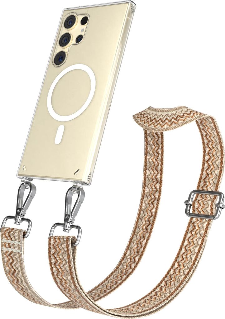 EAZY CASE - Handykette mit MagSafe Hülle für Samsung Galaxy S24 Ultra, Handyband Wave Style, Karabiner Silber, Umhängeband in Braun