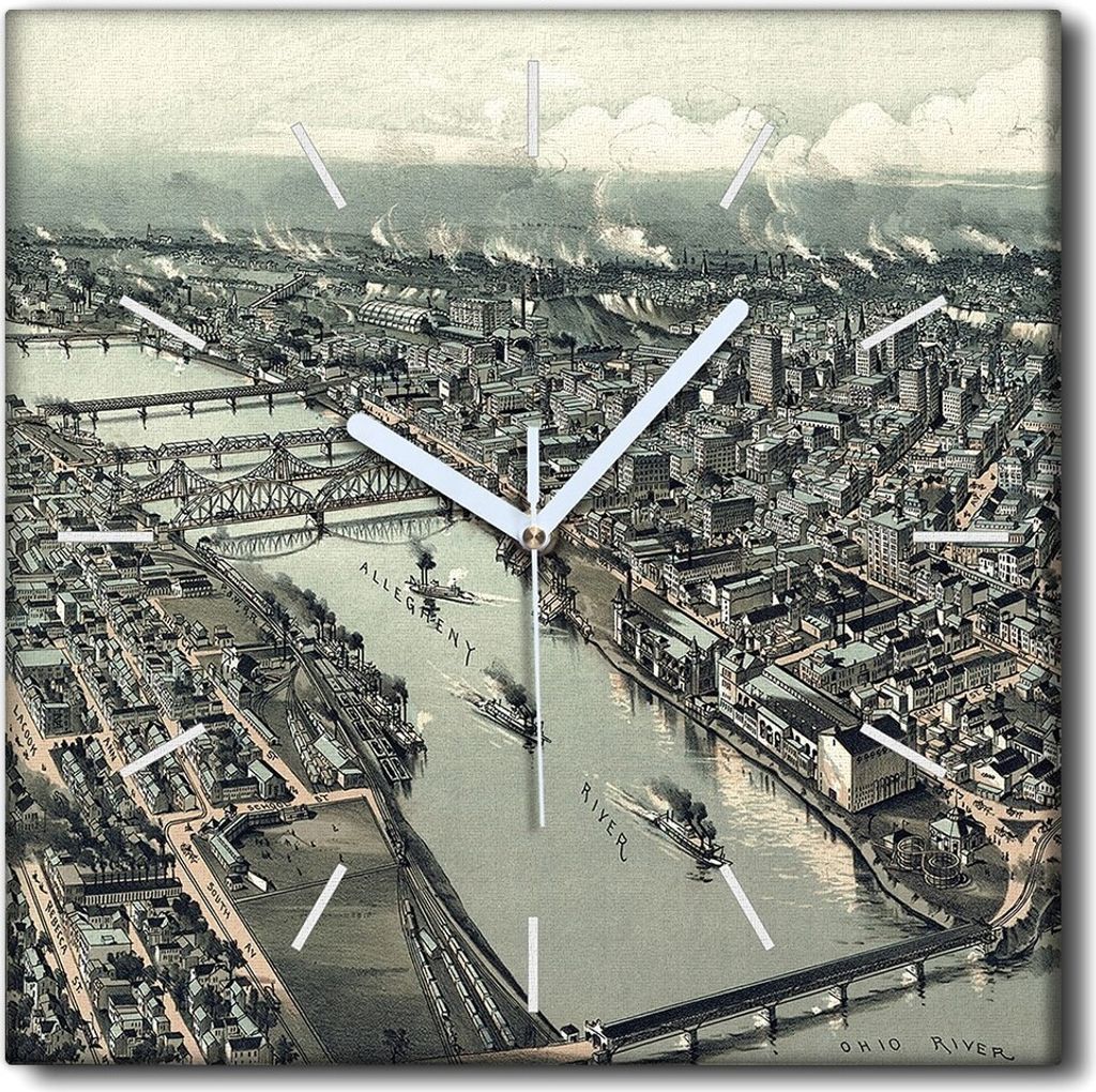 Coloray Uhr auf Leinwand 30x30 cm Wand Uhr Dekoration Wohnzimmer Segeltuch weiße Zeiger -Karte von Pittsburgh Vintage
