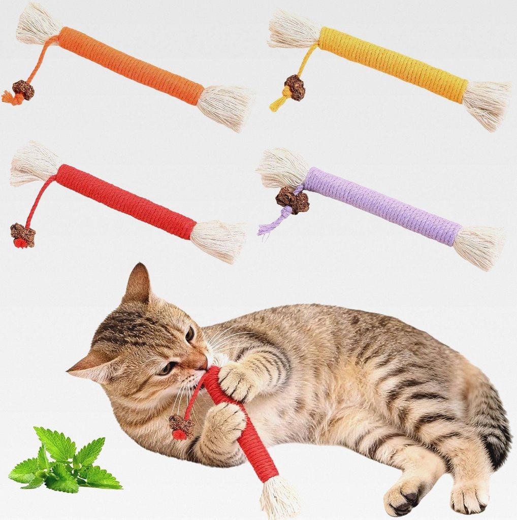 4 Stück Katzen Zahnpflege Spielzeug, Interaktives Spielzeug Kauendes Baumwollseil, Katzenstick für Indoor-Katzen Zähne Reinigung, Stressabbau (4...
