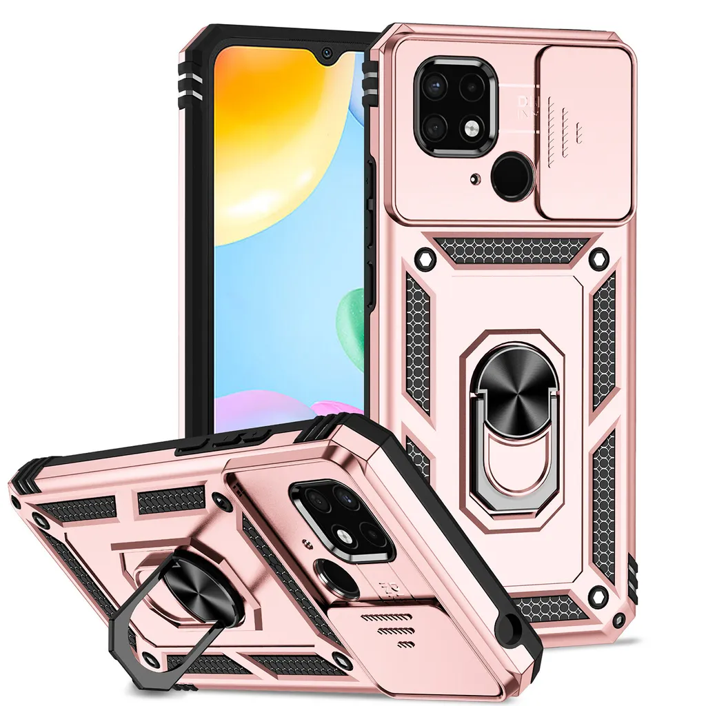 Custodia per Xiaomi Redmi 10C a doppio strato con copertura scorrevole della fotocamera e supporto ad anello Rosa
