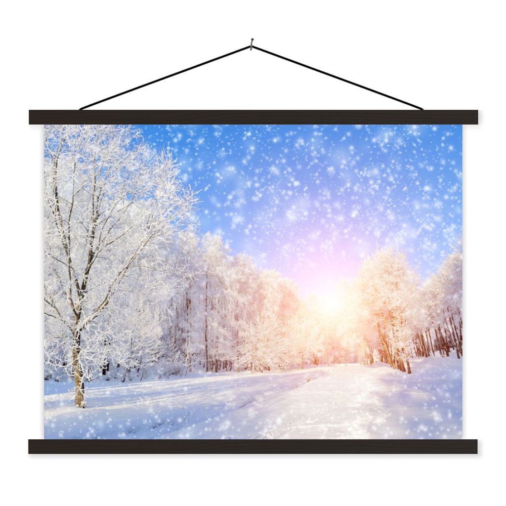 MuchoWow Textilposter Schnee - Sonne - Winter 120x90 cm mit schwarzem Rahmen - Aufhänger für Poster