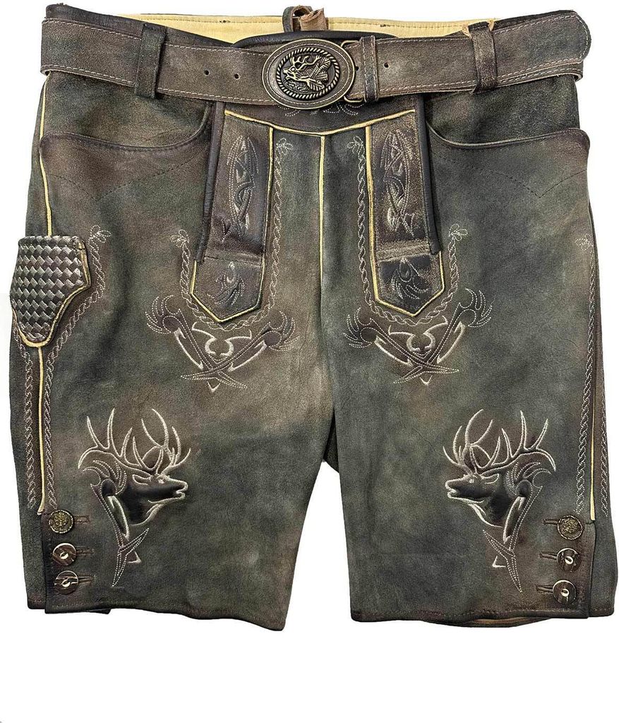 MADDOX Kurze Lederhose "Urgsee" mit Hirschstickerei | Antik Coffee Größe: 52