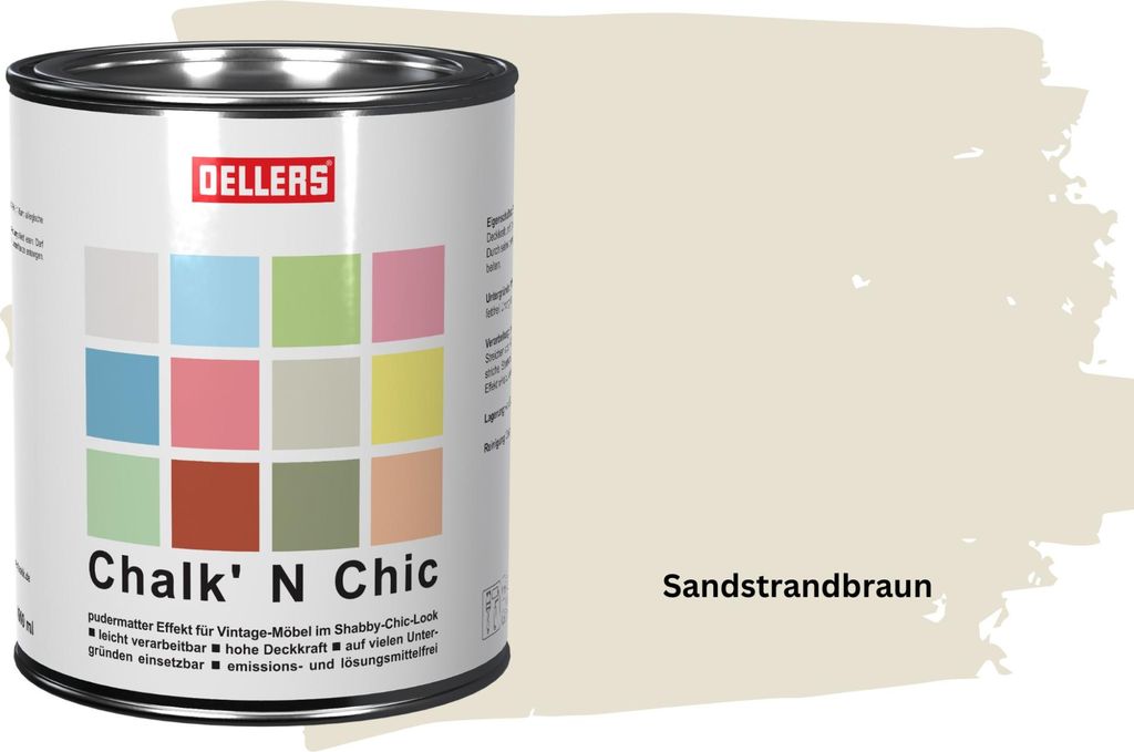OELLERS Chalk 'N Chic Kreidefarbe Sandstrandbraun 1L matt – für Shabby-Chic-Look & Vintage-Stil auf Holz, Beton, Raufaser, Gipskarton uvm.