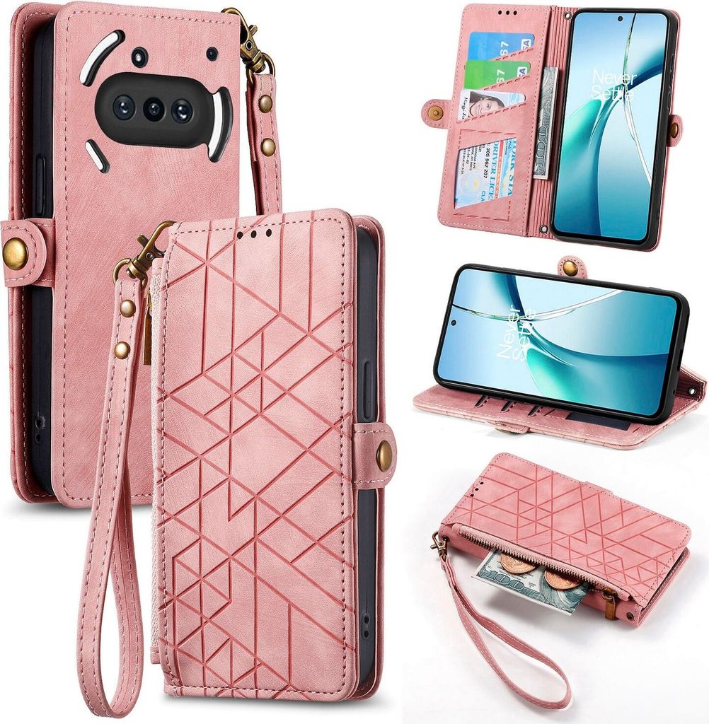 Für Nothing Phone 3a Geometric Design Kunstleder Zipper Book Wallet Tasche mit Schlaufe Rosa