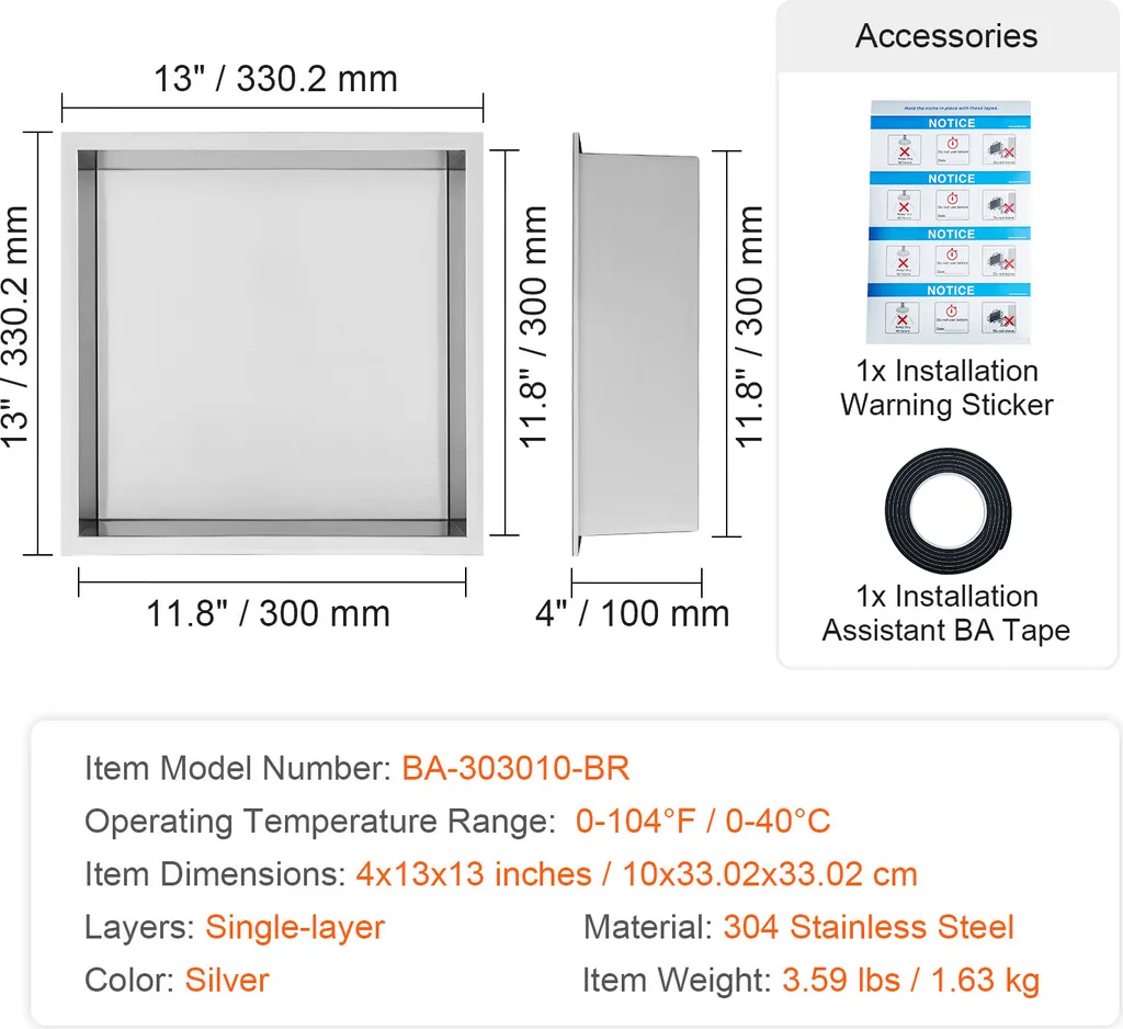 SucceBuy 33 x 33 cm nicchia per doccia in acciaio inox 304, mensola a muro a scomparsa, impermeabile, antiruggine, contenitore moderno, argento - 7
