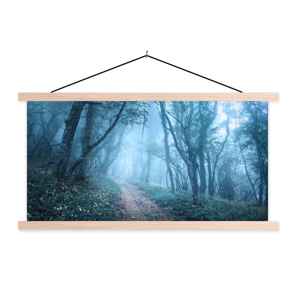 MuchoWow Textilposter Bäume - Natur - Nebel 60x30 cm mit holzfarbenen Rahmen - Dekoration