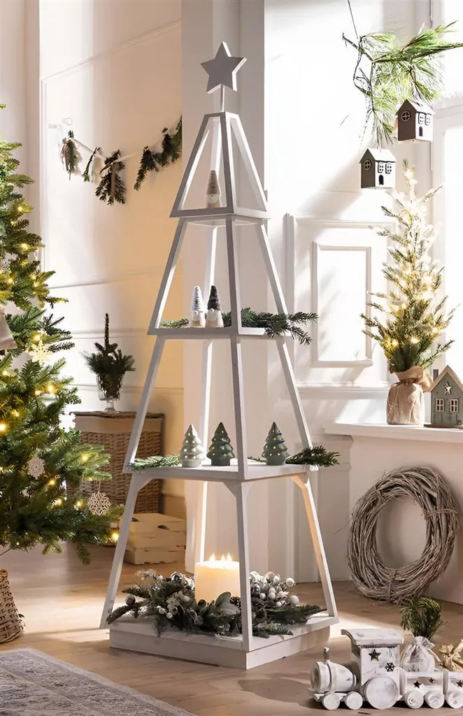 Sapin pyramide en bois blanc 175 cm étagère 4 niveaux style Shabby Chic