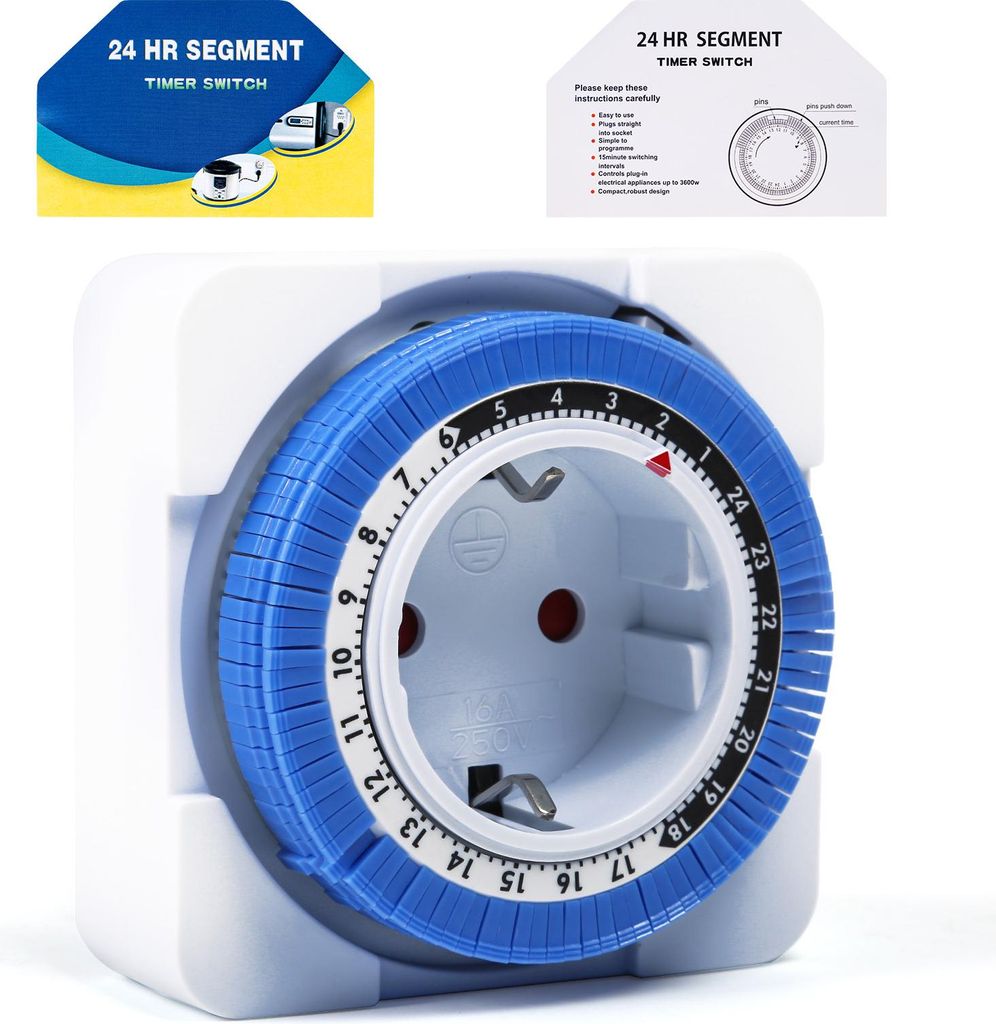 24 Stunden Mechanische Zeitschaltuhr Steckdose mit 96 Schaltsegmenten, Programmierbarer Timer AC230V 16A EU-Stecker
