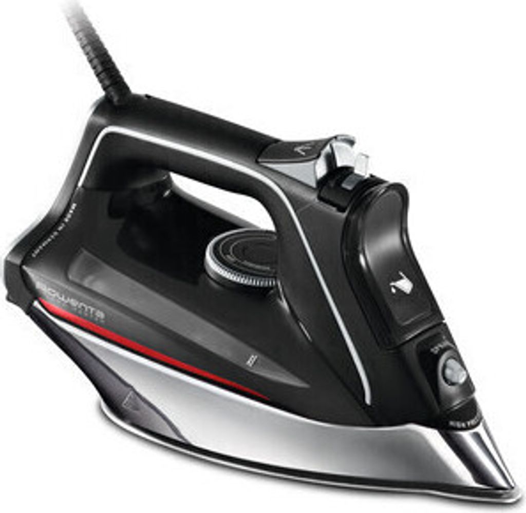 A black and silver Rowenta steam iron is shown against a white background.