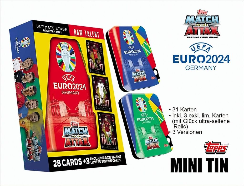A product shot of UEFA EURO 2024 trading card mini tins and a booster box.