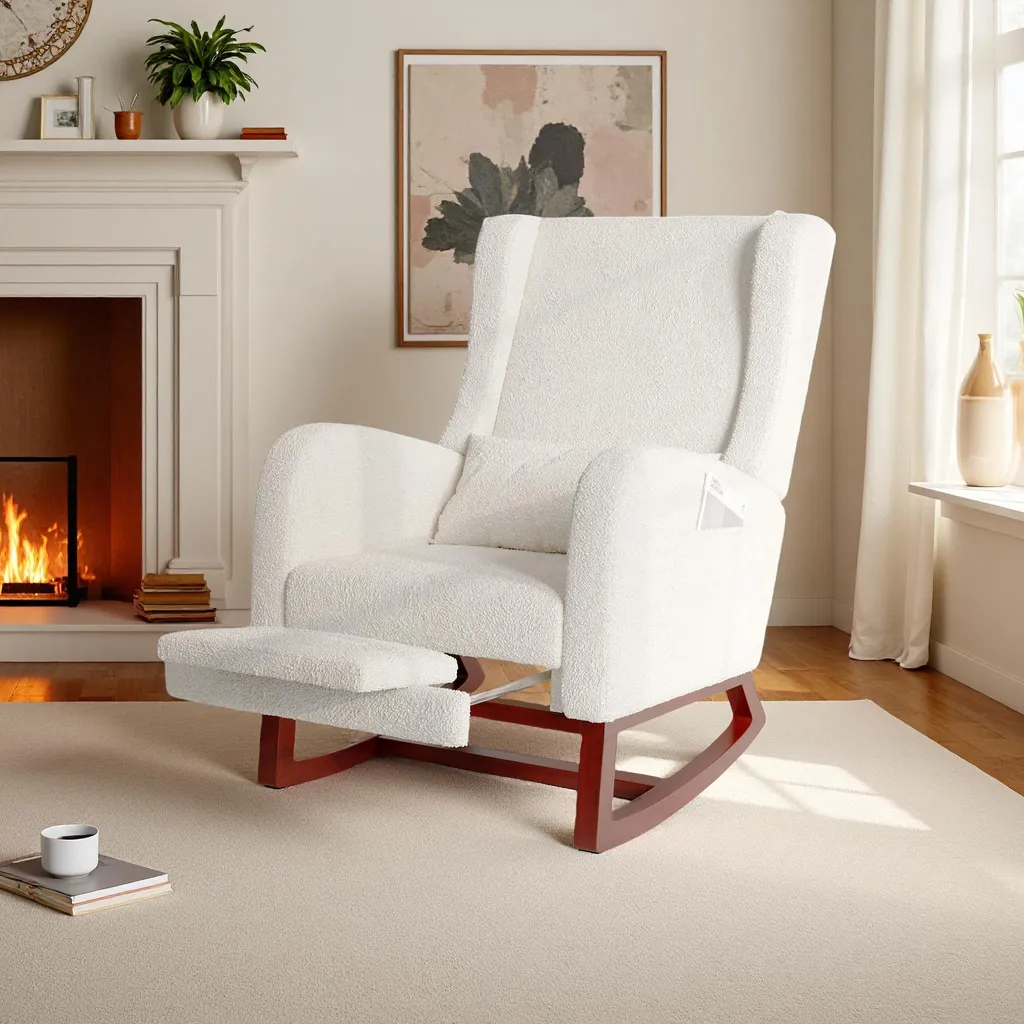 Fauteuil à bascule confortable en lin beige Fortuna Lai - Finition bois