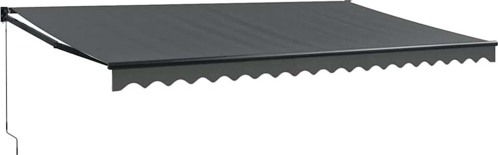 A dark grey retractable awning is shown against a white background.
