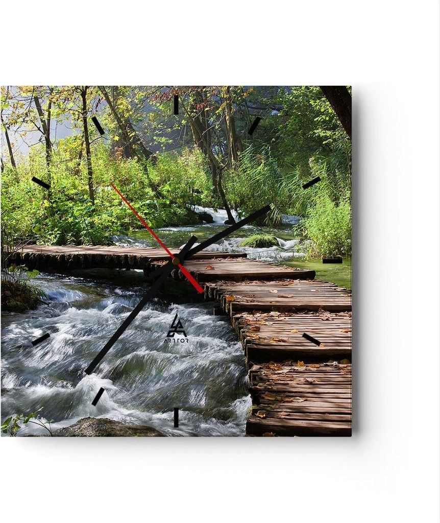Wanduhr - Quadrat - Glasuhr - Park natur grün bäume - 40x40cm - Schleichendes Uhrwerk - Lautlos - zum Aufhängen bereit - Dekoration Modern - Wan...