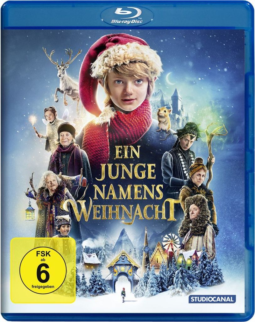 The image is a Blu-ray disc cover for the movie "Ein Junge namens Weihnacht" (A Boy Called Christmas). It features characters from the movie, a snowy landscape, and the movie title.