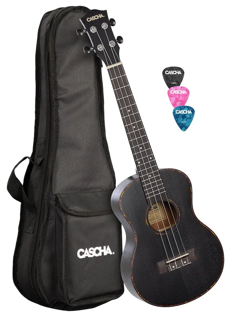 Cascha HH2305 Ukulélé Ténor Premium Noir - Instrument avec Housse et Cordes