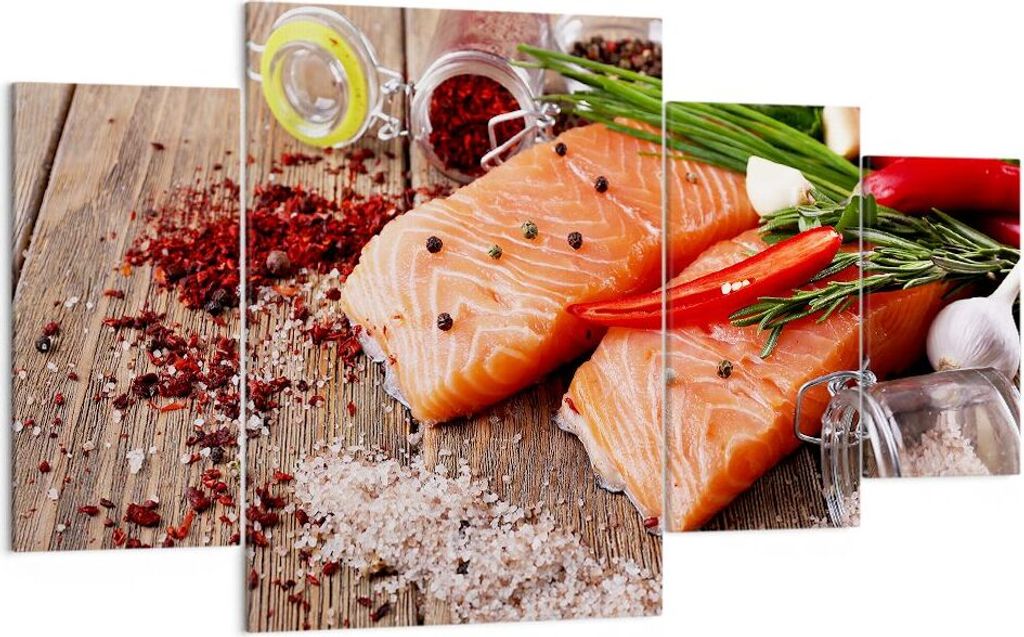 Bild auf Leinwand - Leinwandbild - Lachs Fisch Essen Küche - 160x90cm - Wand Bild - Wanddeko - Leinwanddruck - Bilder - Kunstdruck - Wanddekoratio...