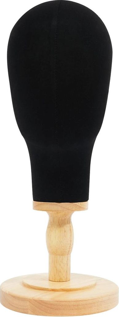 Perückenkopf - Mannequin-Kopf Displayständer - Leinenbezug - Holzsockel Ø16 cm - Kopfumfang 54 cm - Höhe 26/40 cm - Gewicht 0,66 kg - Schwarz