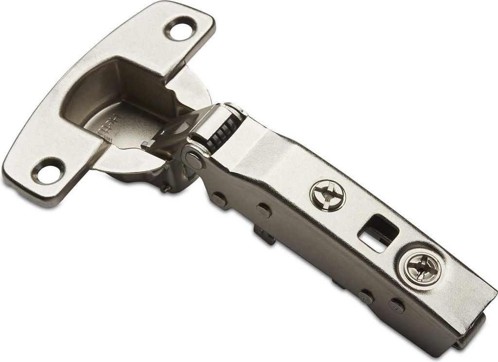 A close-up studio shot of a metal cabinet hinge against a white background.