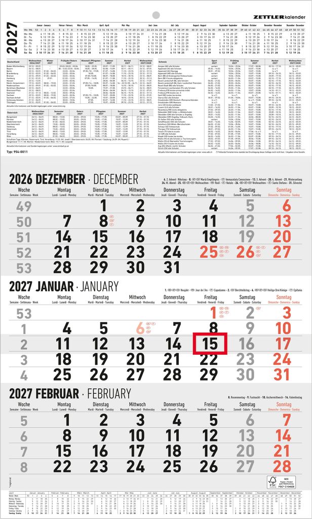3-Monatskalender groß 2027 Produktbild 