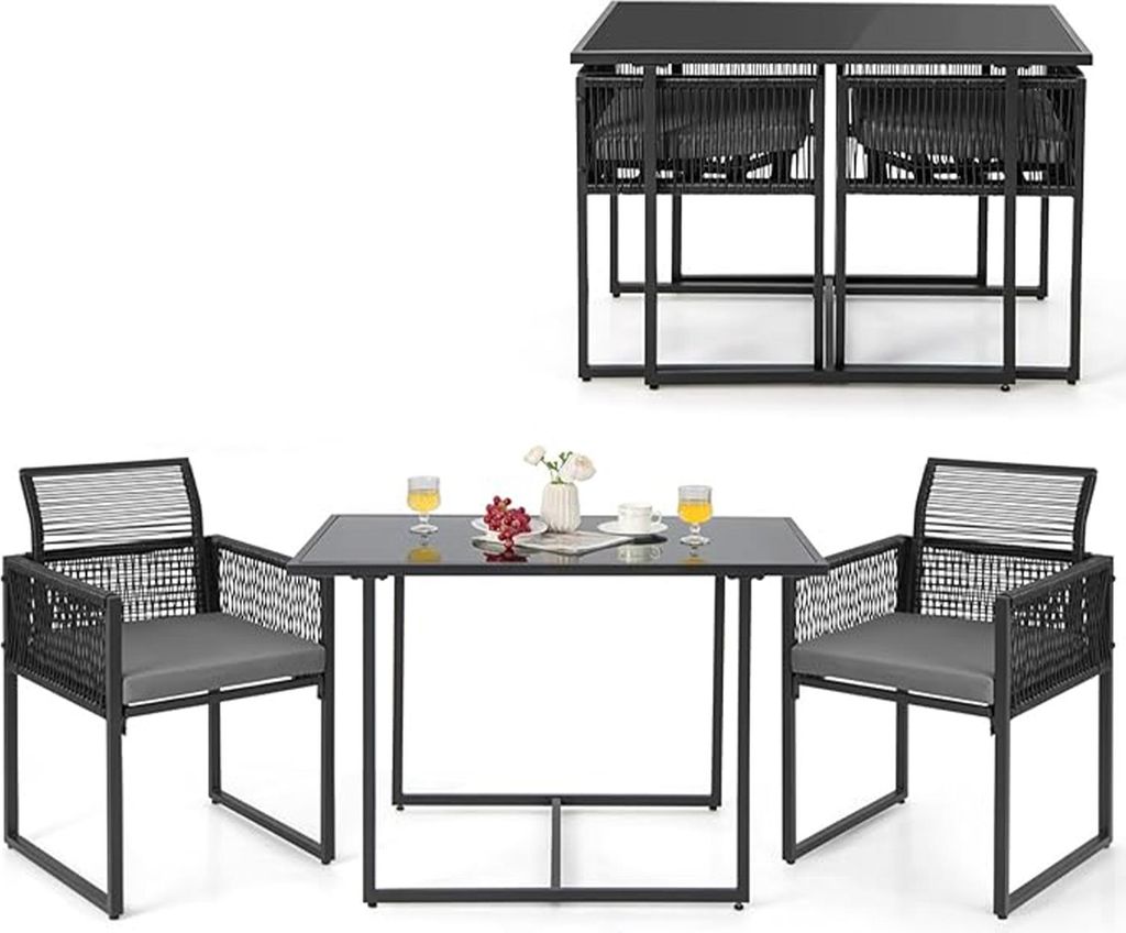 Gartenmöbel Set Rattan 2 Personen, Balkonmöbel Kleiner Balkon platzsparend, Esstisch mit 2 Stühlen zusammenschiebbar, Balkon Möbel klein, Schwarz