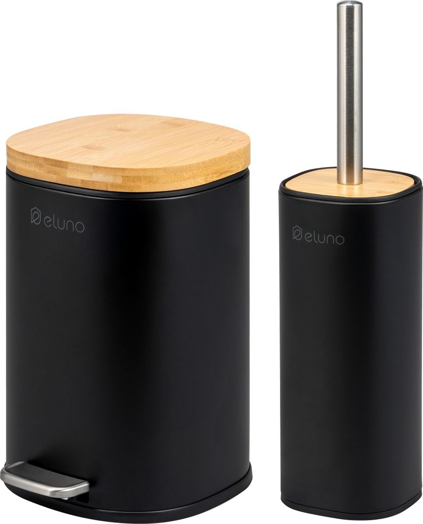 eluno Badezimmer Zubehör Set FRAMURA 2tlg. bestehend aus 1 Kosmetikeimer, 1 WC-Garnitur, aus schwarzem Metall und Bambus