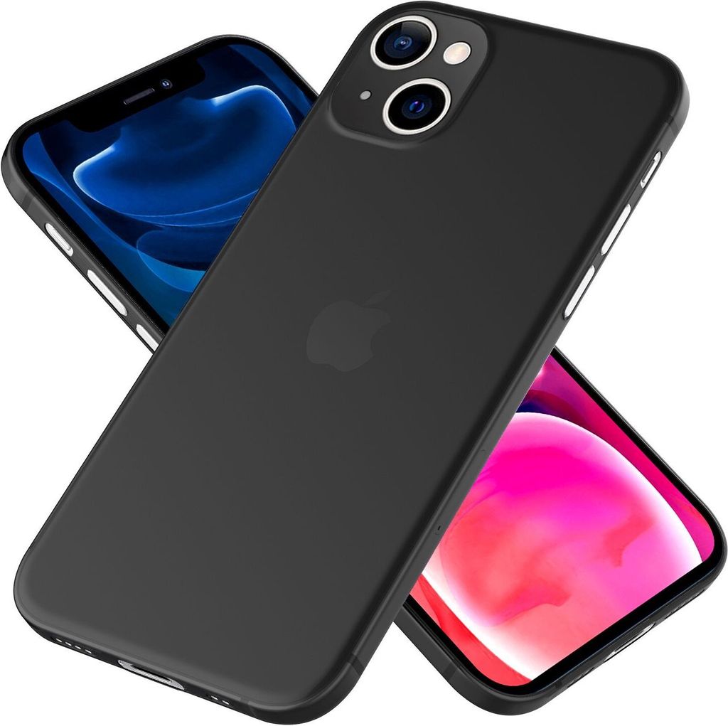 A black iPhone 13 Mini case is shown diagonally with two other iPhones in the background.