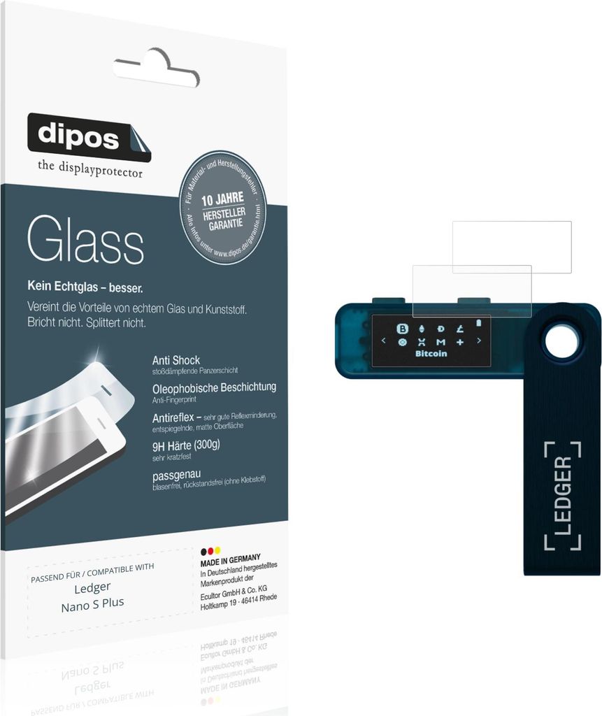 2x Schutzfolie für Ledger Nano S Plus matt - Anti-Shock 9H Folie dipos Glass Kunststoffglas