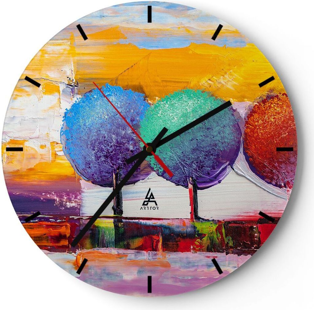 Wanduhr - Rund - Glasuhr - Bäume Wiese Sommer - 30x30cm - Schleichendes Uhrwerk - Lautlos - zum Aufhängen bereit - Dekoration Modern - Wanddekora...