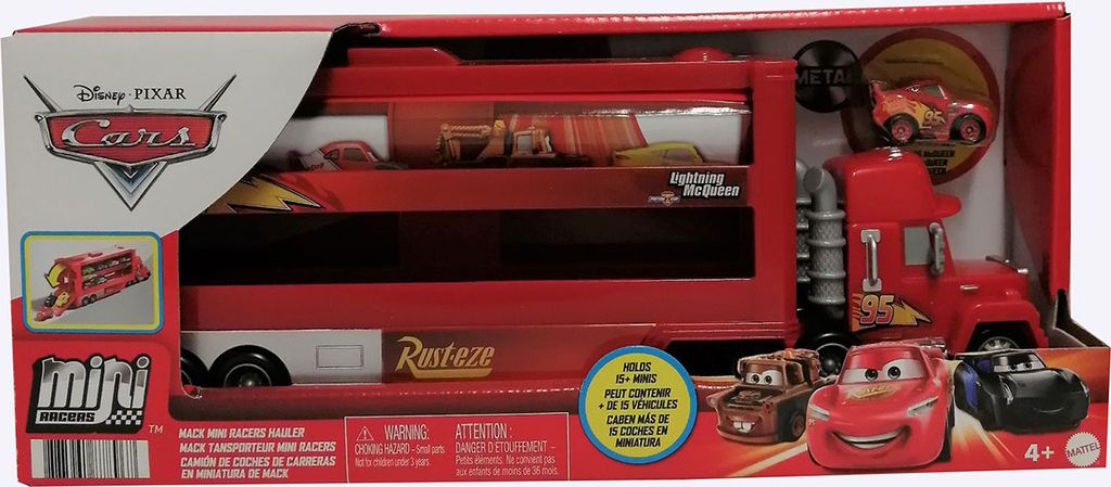 The image shows the retail packaging of a Disney Pixar Cars Mini Racer Transporter Mack toy.