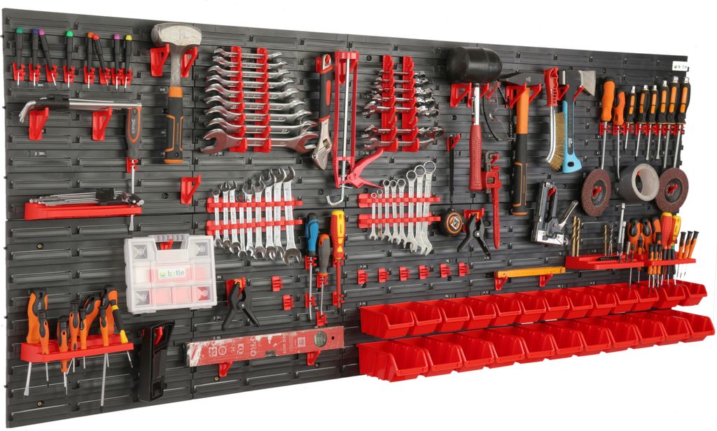 Werkzeugwand Wandregal mit 200x80cm Abmessungen Behälter 24 tlg. Set im Schwarz/Rot Werkzeughalter Werkstattregal aus Kunststoff Lagersystem Schü...