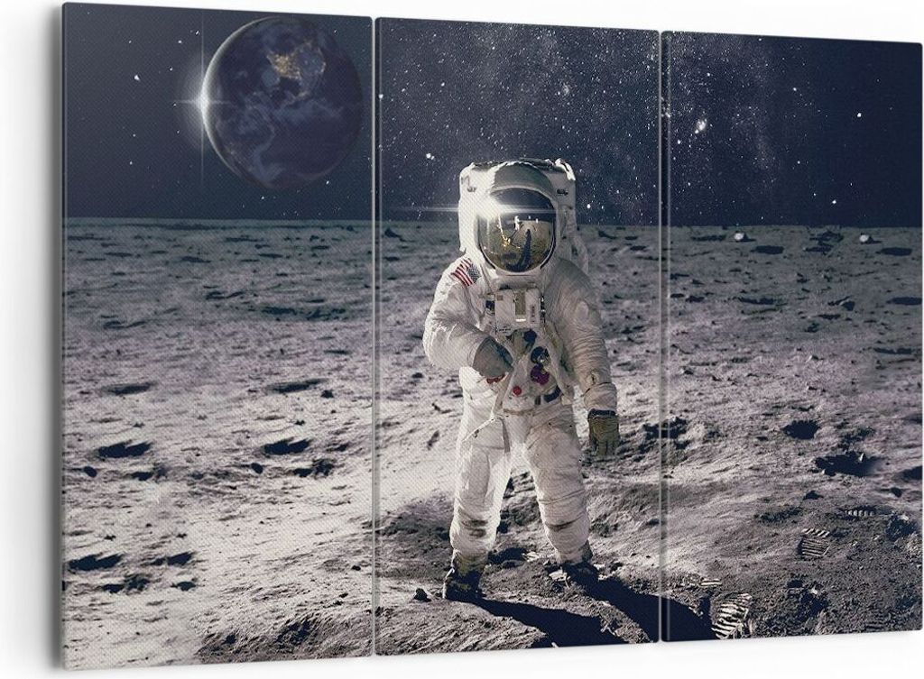 Bild auf Leinwand - Leinwandbild - 3 Teile - Mond Erde Astronaut - 165x110cm - Wand Bild - Wanddeko - Wandbilder - Leinwanddruck - Bilder - Wanddek...