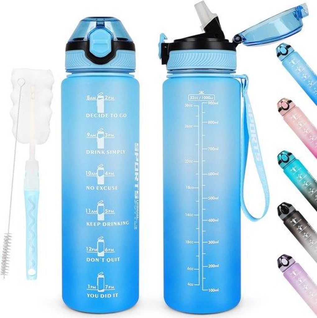 Famanu Wasserflasche 1 l, BPA-frei, Sporttrinkflasche mit Strohhalm, spülmaschinenfest, auslaufsicher, motivierende Flasche mit Zeitmarkierungen,