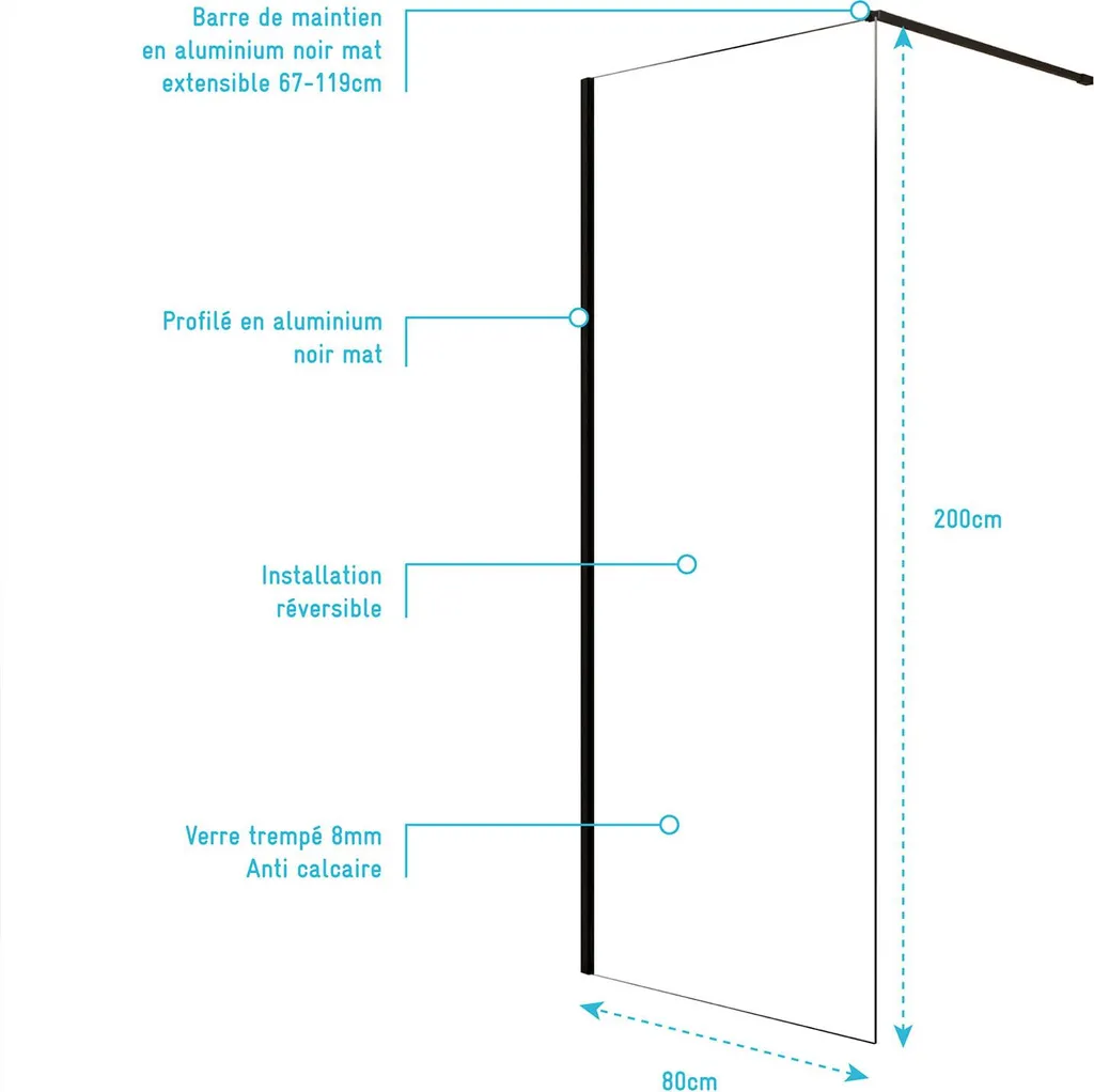 Paroi de douche 80 cm verre anticalcaire contre les traces de calcaire