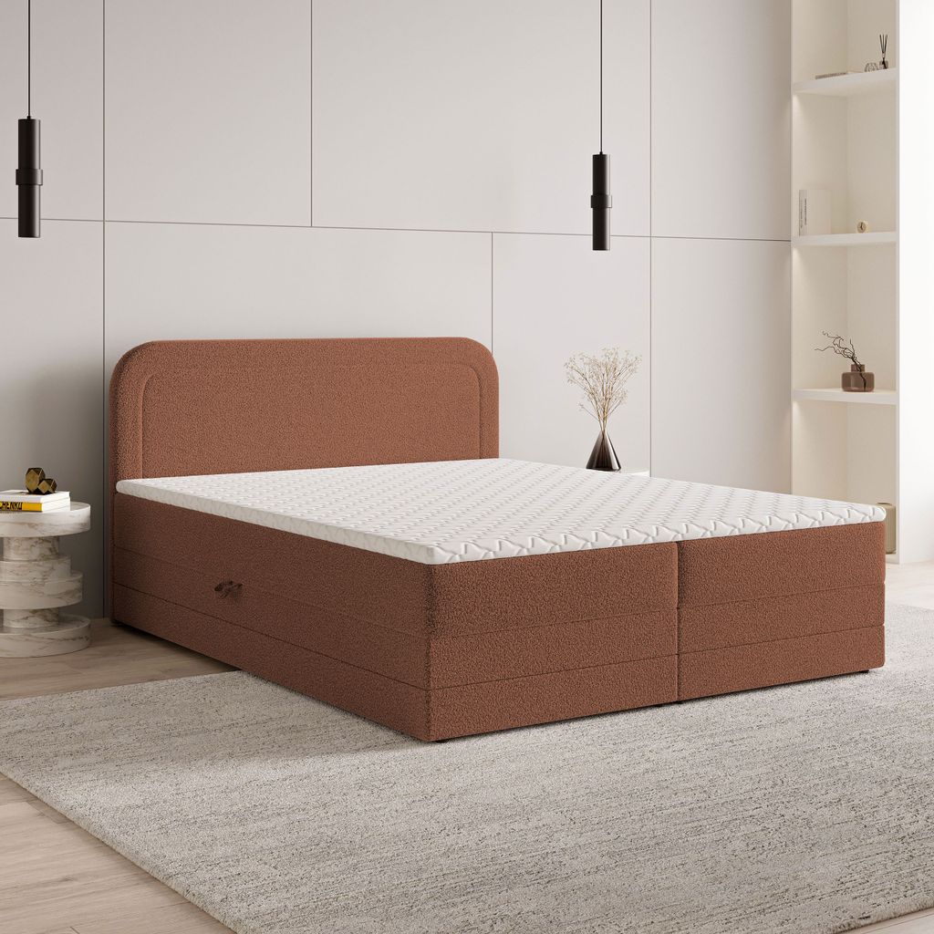 Masseno Boxspringbett ARMEL 140x200 cm Komplett-Set mit Bonell Matratze und Topper, Polsterbett mit Bettkästen -Orange, NOW OR NEVER 54