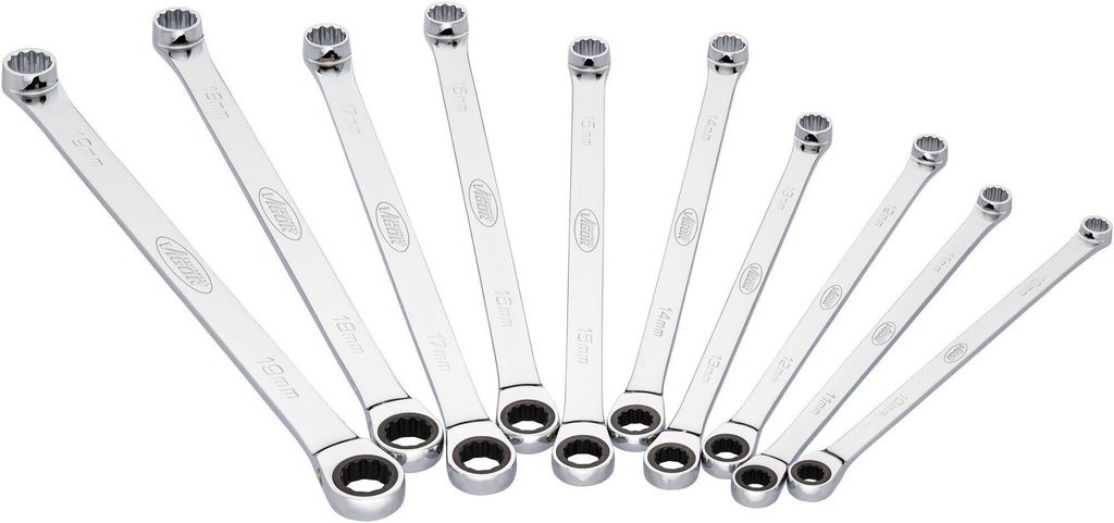 VIGOR Ratschen-Ringschlüssel Satz, extra lang, 10-tlg., 10 - 19 mm, Anzahl Werkzeuge: 10