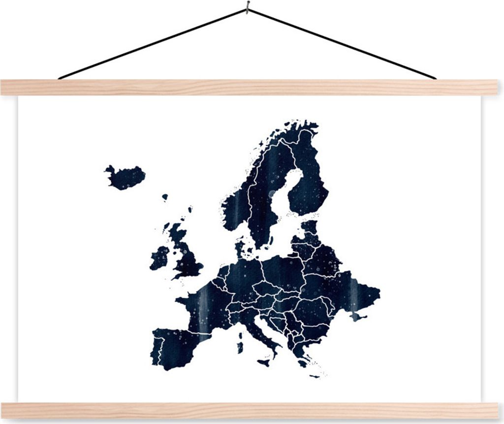 MuchoWow Textilposter Karte von Europa - Aquarellfarbe - Blau 60x40 cm mit holzfarbenen Rahmen - Bilder