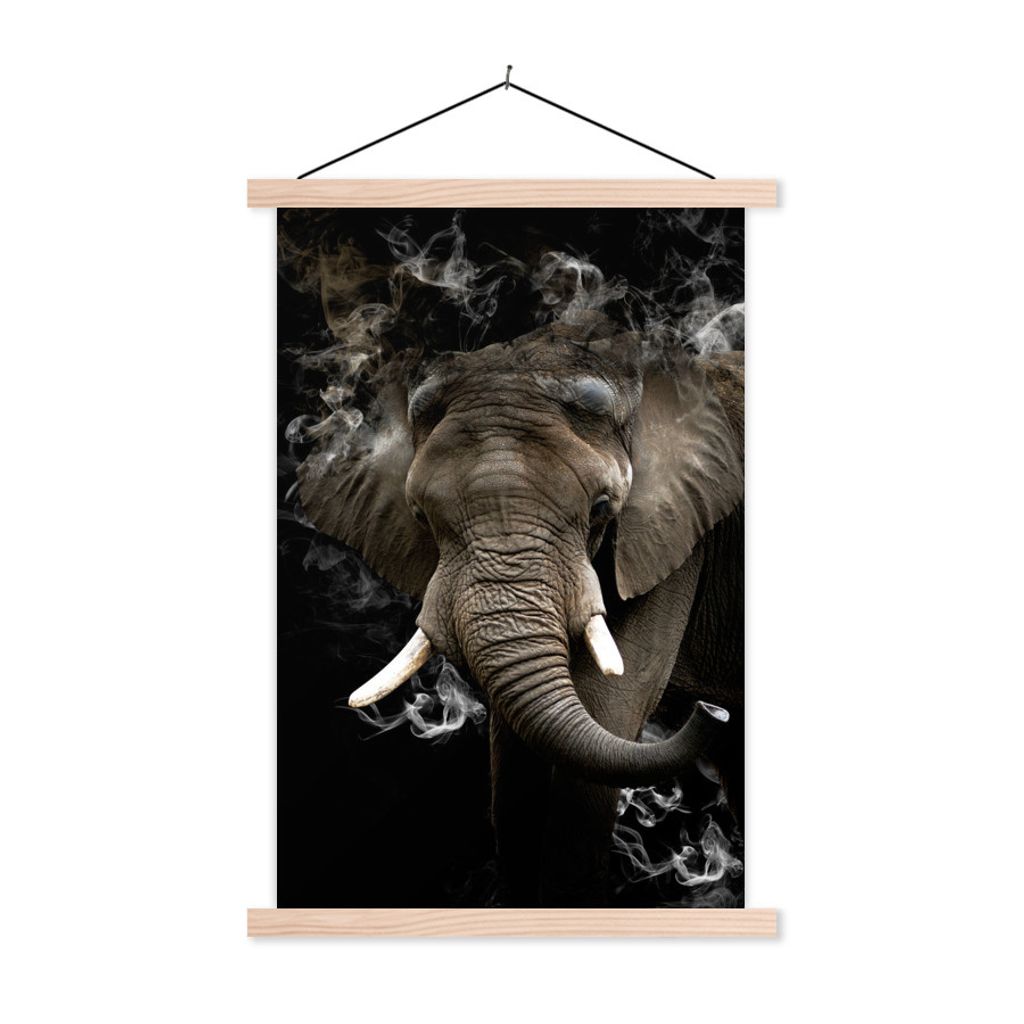 MuchoWow Textilposter Elefant - Rauchen - Schwarz 60x90 cm mit holzfarbenen Rahmen - Textil