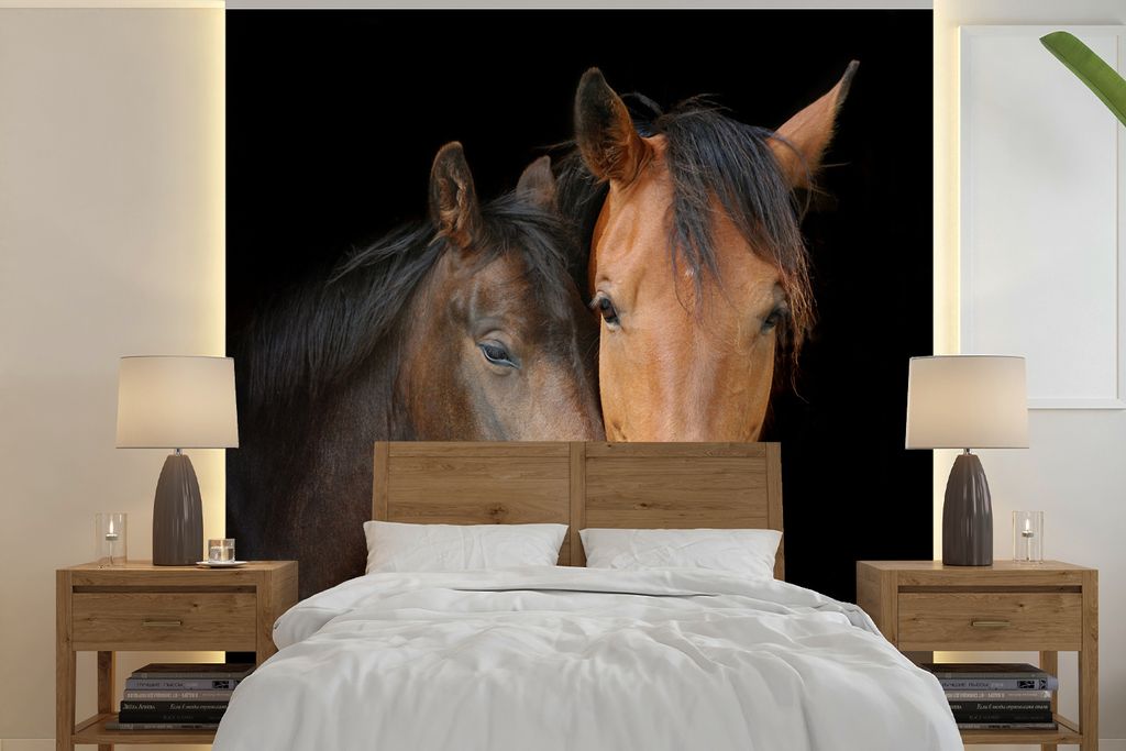 MuchoWow Fototapete für Wohnzimmer oder Schlafzimmer Wandtapete Vinyl Motivtapete Pferde - Liebe - Braun - 240x240 cm - Schlafzimmer-Tapete