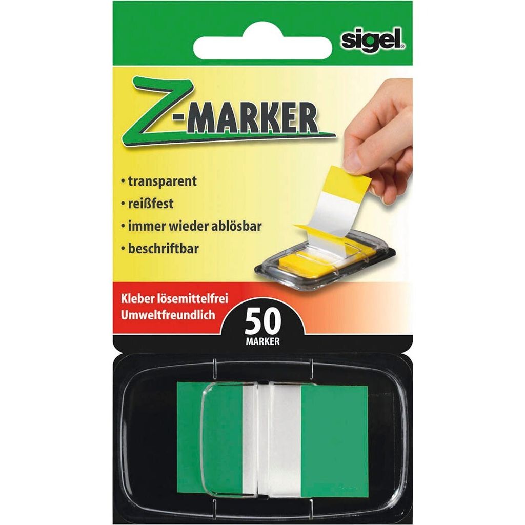 SIGEL HN493 Haftmarker / Z-Marker, Folie, Color-Tip, grün, 43x25 mm, 50 Streifen