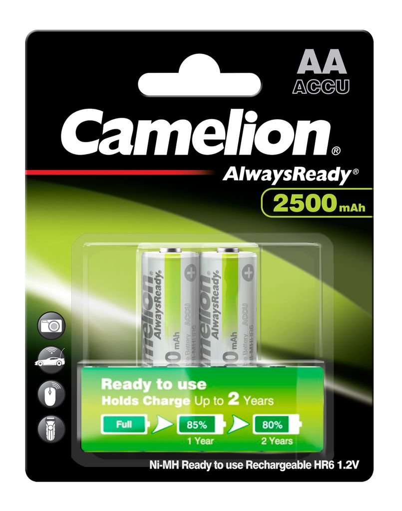 A blister pack of Camelion AA rechargeable batteries.