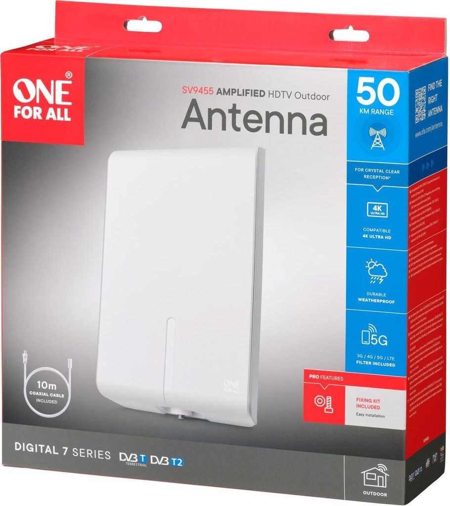 One For All Verstärkte Digitale TV-Antenne SV9495 – empfangsbereit für Freeview und analoge TV-Signale innerhalb Einer Reichweite von 15 km – Full HD bereit – Premium HDTV-Antenne – UHF/VHF – Schwarz