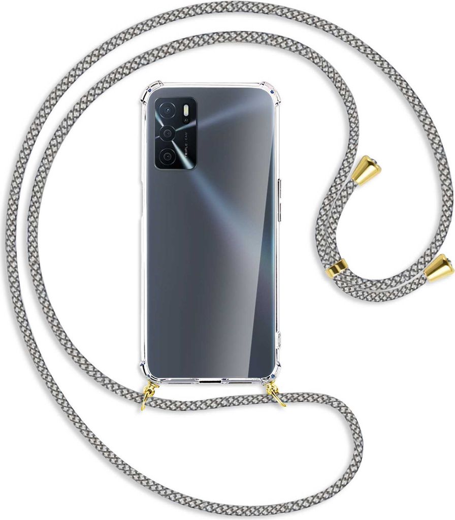 Handykette Backcover-Schutzhülle mit Band (Metall goldfarben) für Oppo A16 (CPH2269) - weiß/grau kariert