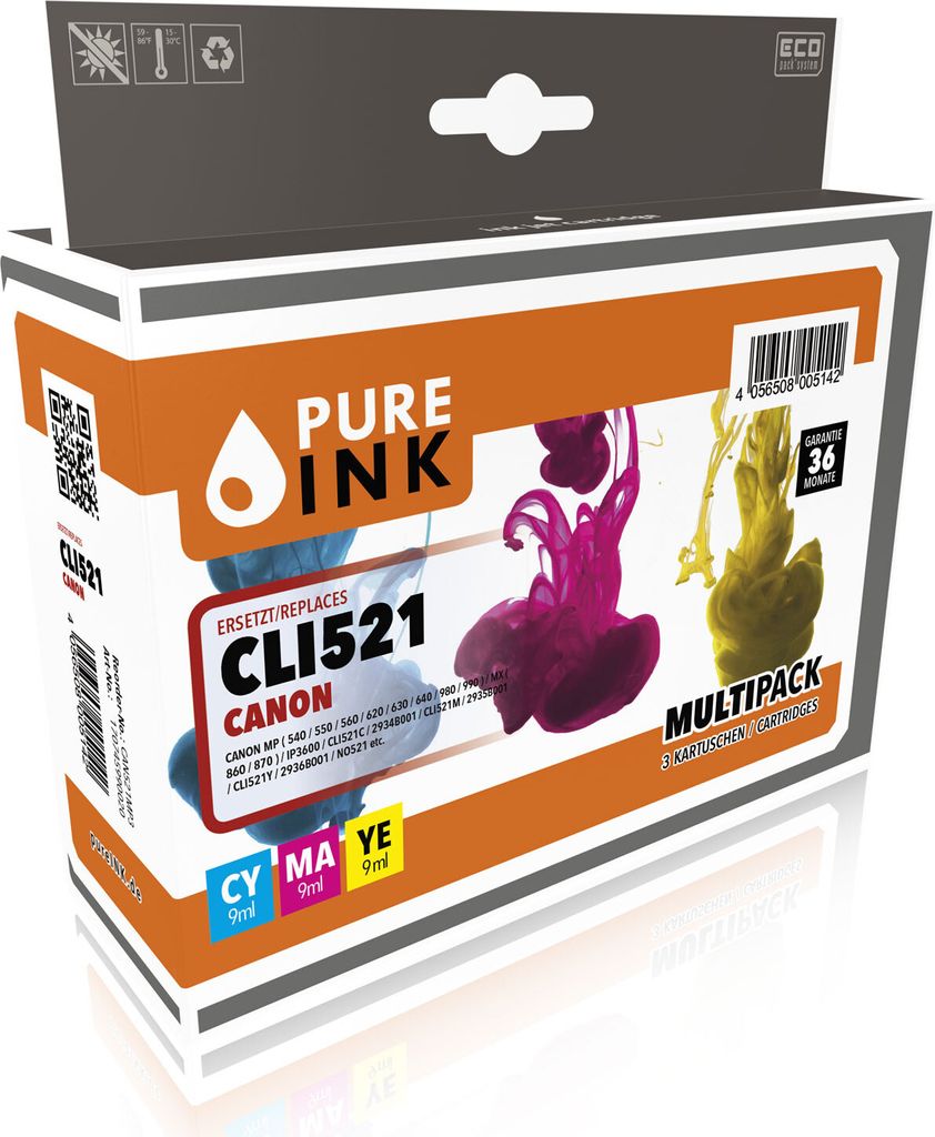 A product box for Pure Ink printer cartridges.