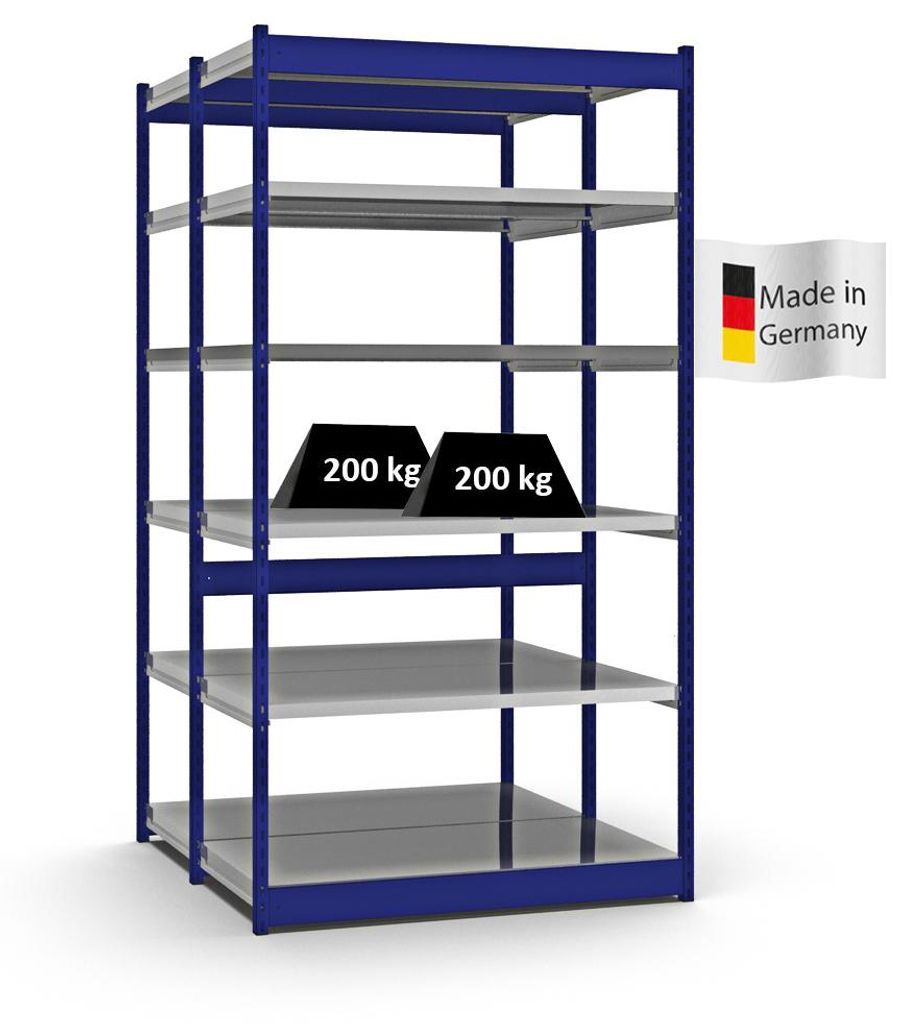 PROREGAL Fachbodenregal Stecksystem Vierkant-Profil MAGNUS Germany | HxBxT 250x132,5x60cm | 2x6 Ebenen | Fachlast 200kg | Enzianblau/Verzinkt
