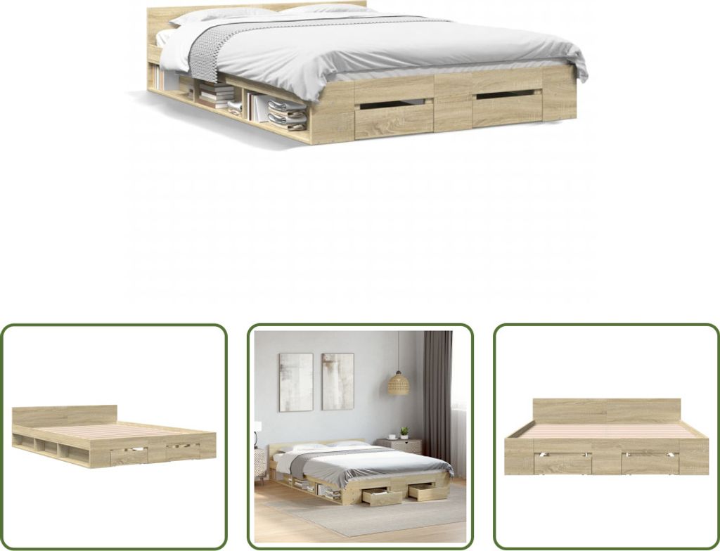 The Living Store Bettgestell mit Schubladen Sonoma-Eiche Produktbild 